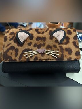 Kate Spade Leopard Print Cat Face crossbody handbag with Black Saffiano Accent